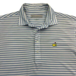 The Masters Polo Shirt Mens L Blue Striped Short Sleeve Performance Golf STAIN